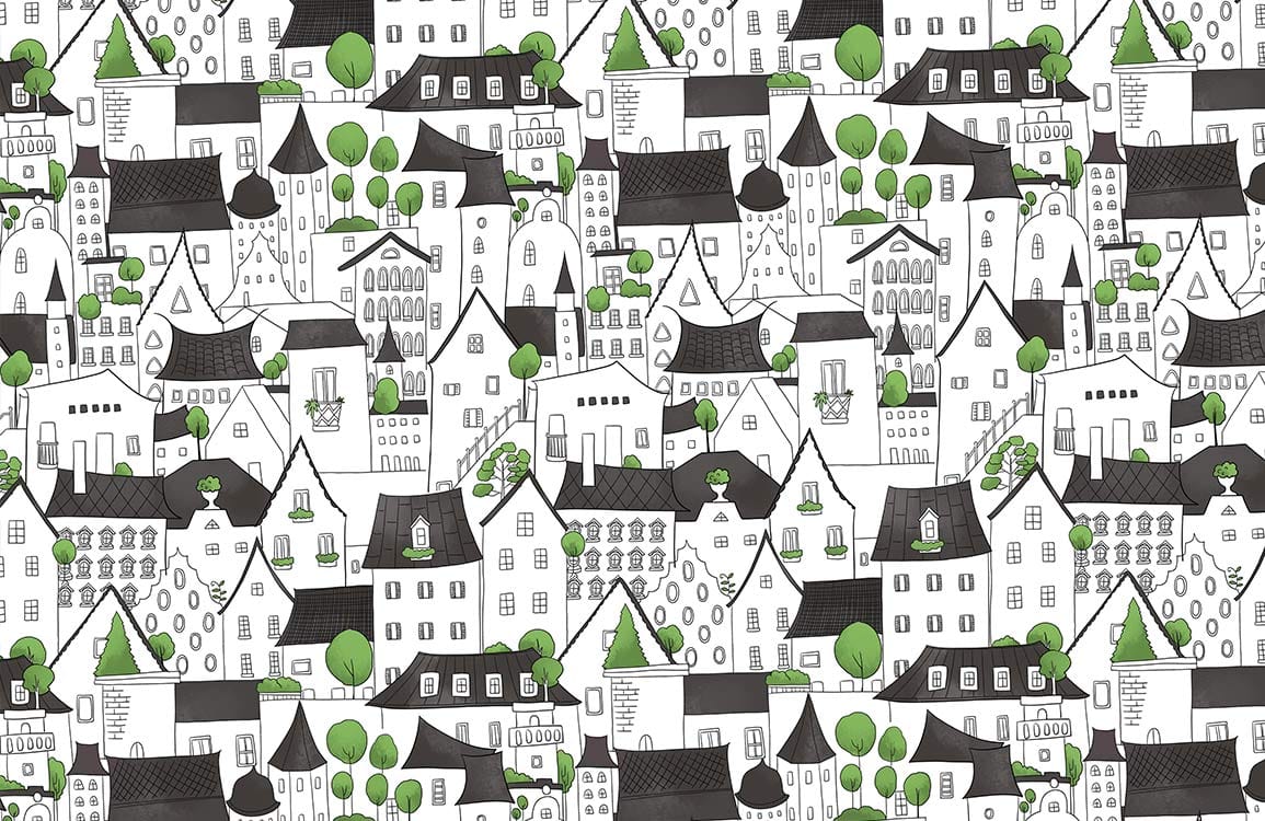 Charming Monochrome Village Wallpaper - Black, White, Green Illustrative Design