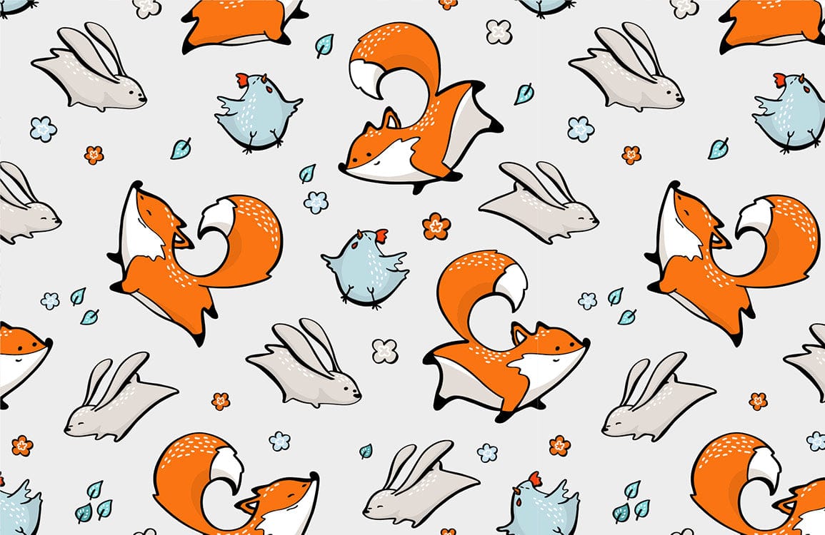 Whimsical Woodland Animals Children's Wallpaper: Fox, Rabbit, Bird Pattern Design