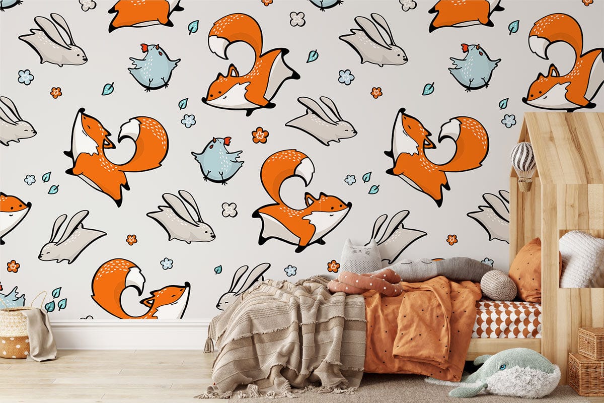 Whimsical Woodland Animals Children's Wallpaper features fox, rabbit, bird pattern with cosy bedroom decor.