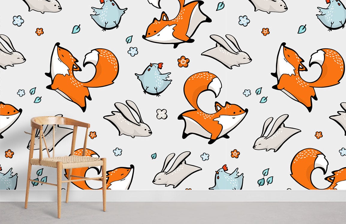 Whimsical woodland animals wallpaper in children's room with wooden chair, featuring fox, rabbit, bird design.