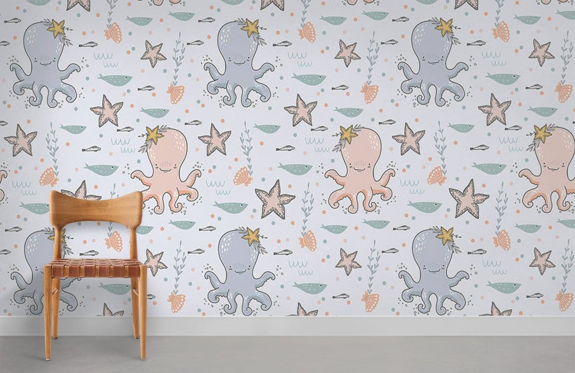 Whimsical ocean creatures kids' wallpaper in nursery with wooden chair and grey floor. Nautical theme.