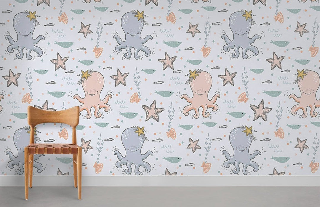 Whimsical ocean creatures kids' wallpaper in nursery with wooden chair and grey floor. Nautical theme.