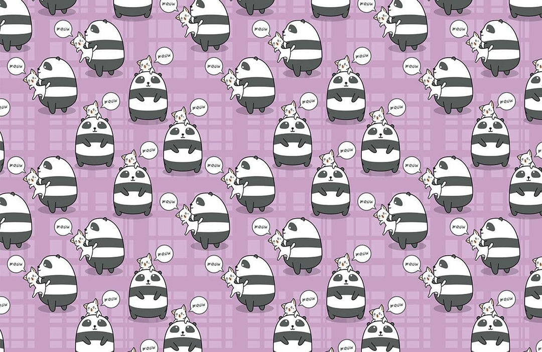 Panda and Cats Purple Playful Cartoon Patterned Nursery Wallpaper Decor