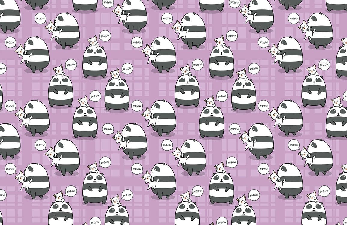 Panda and Cats Purple Playful Cartoon Patterned Nursery Wallpaper Decor