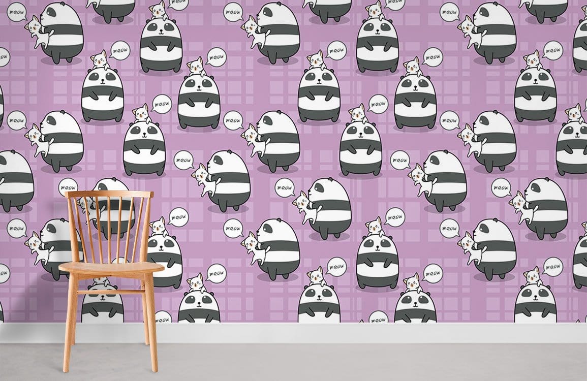 Panda and Cats Purple Playful Nursery Wallpaper: Cartoon Design, Wooden Chair, Grey Carpeted Floor.