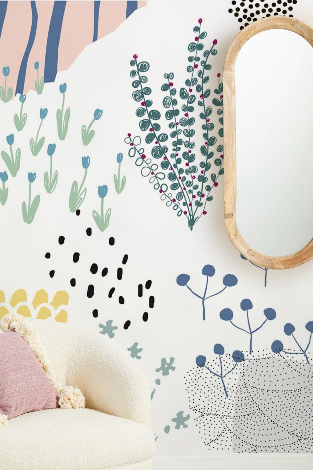 Colourful abstract botanical mural wallpaper, modern white room, cream sofa, oval mirror, wooden frame.