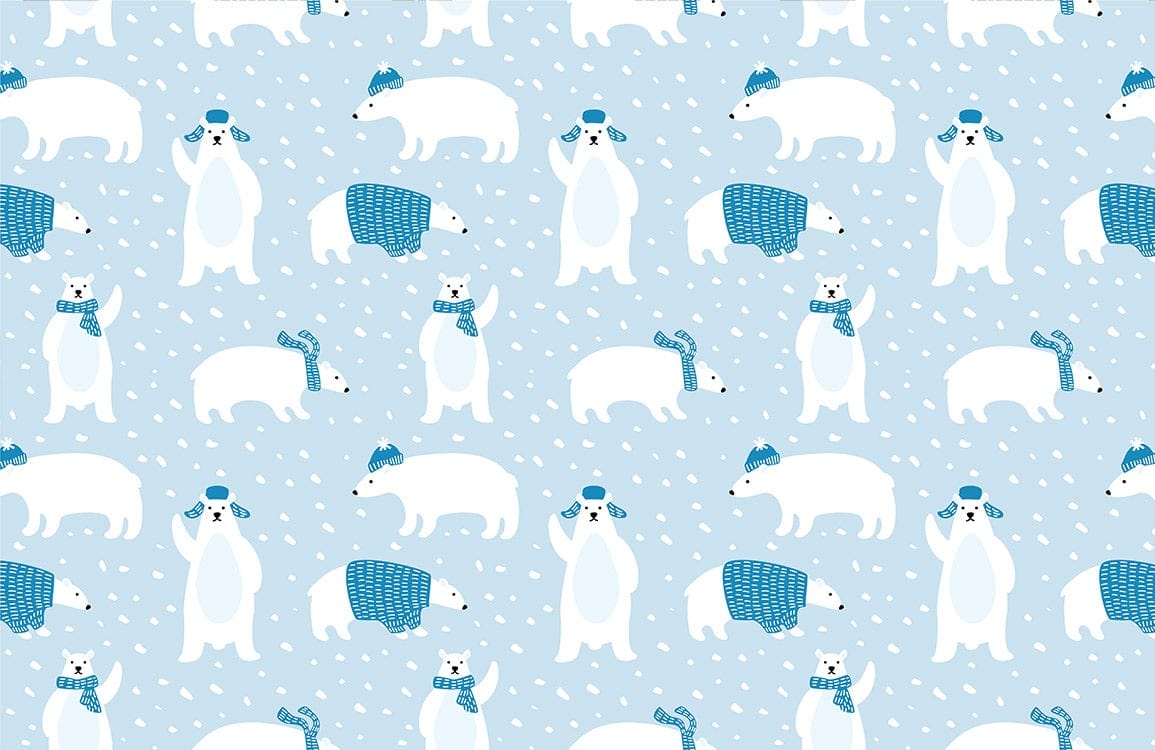 Charming Arctic Polar Bears Blue Winter Themed Children's Wallpaper Design