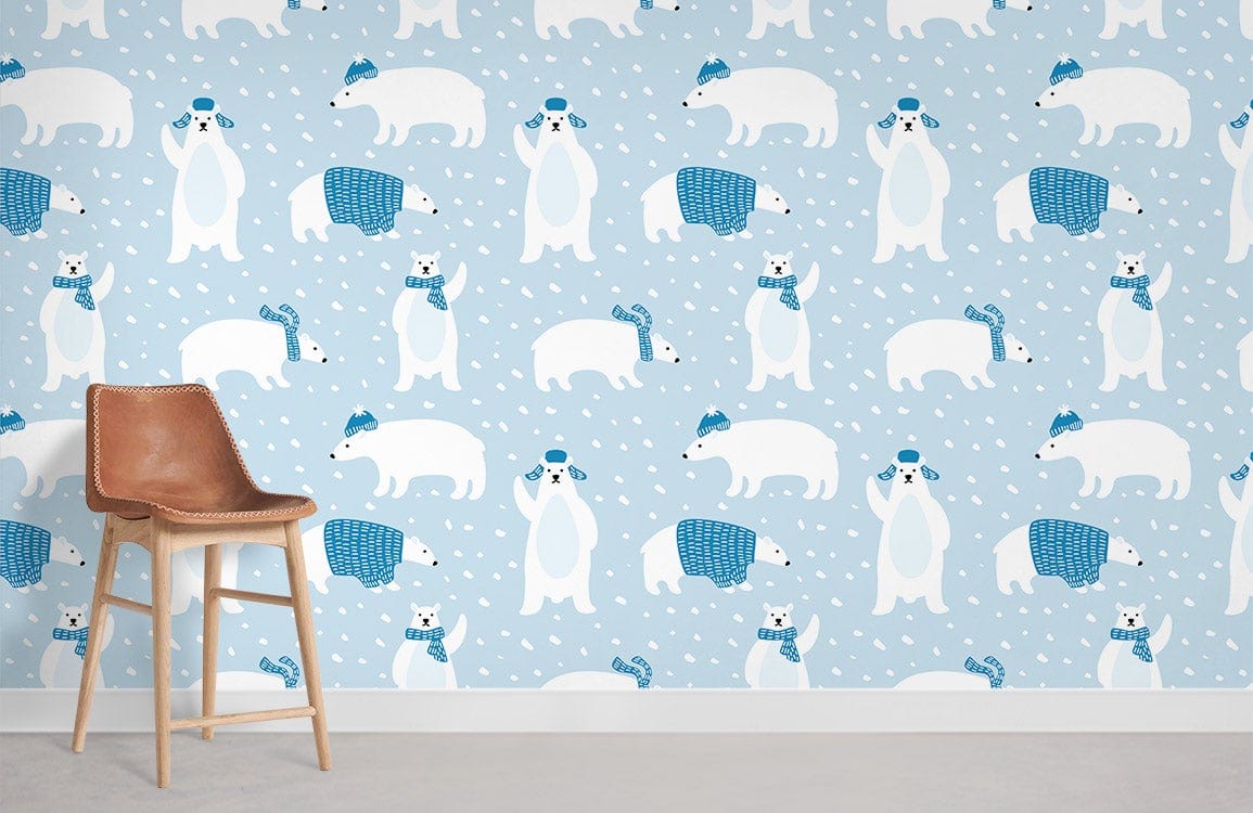 Charming Arctic polar bears wallpaper in children's room, featuring leather chair and grey flooring.