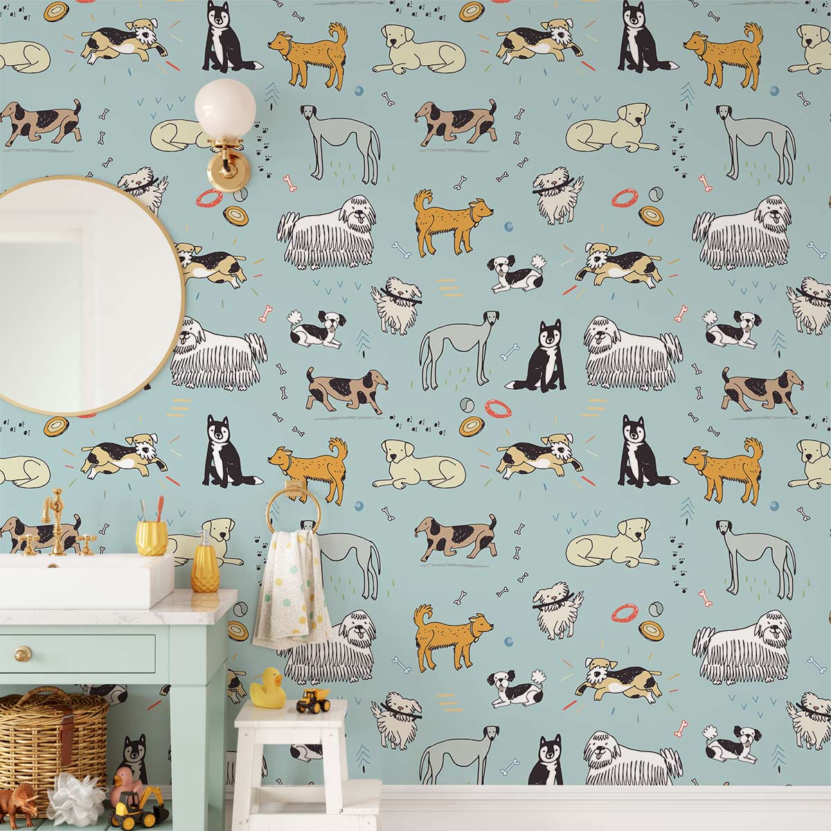 Whimsical Canine Companions wallpaper, children's playroom; blue theme, playful dog patterns, pastel furniture accents.