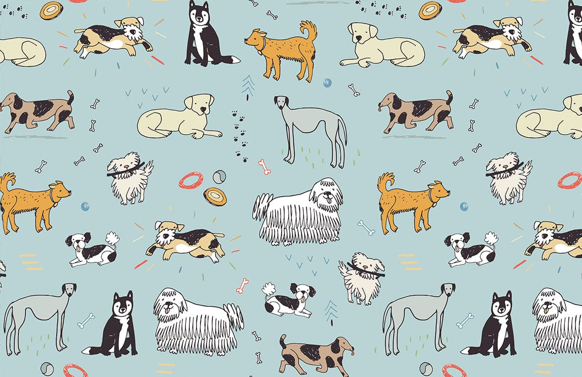 Whimsical Canine Companions Blue Children's Playroom Wallpaper Pattern