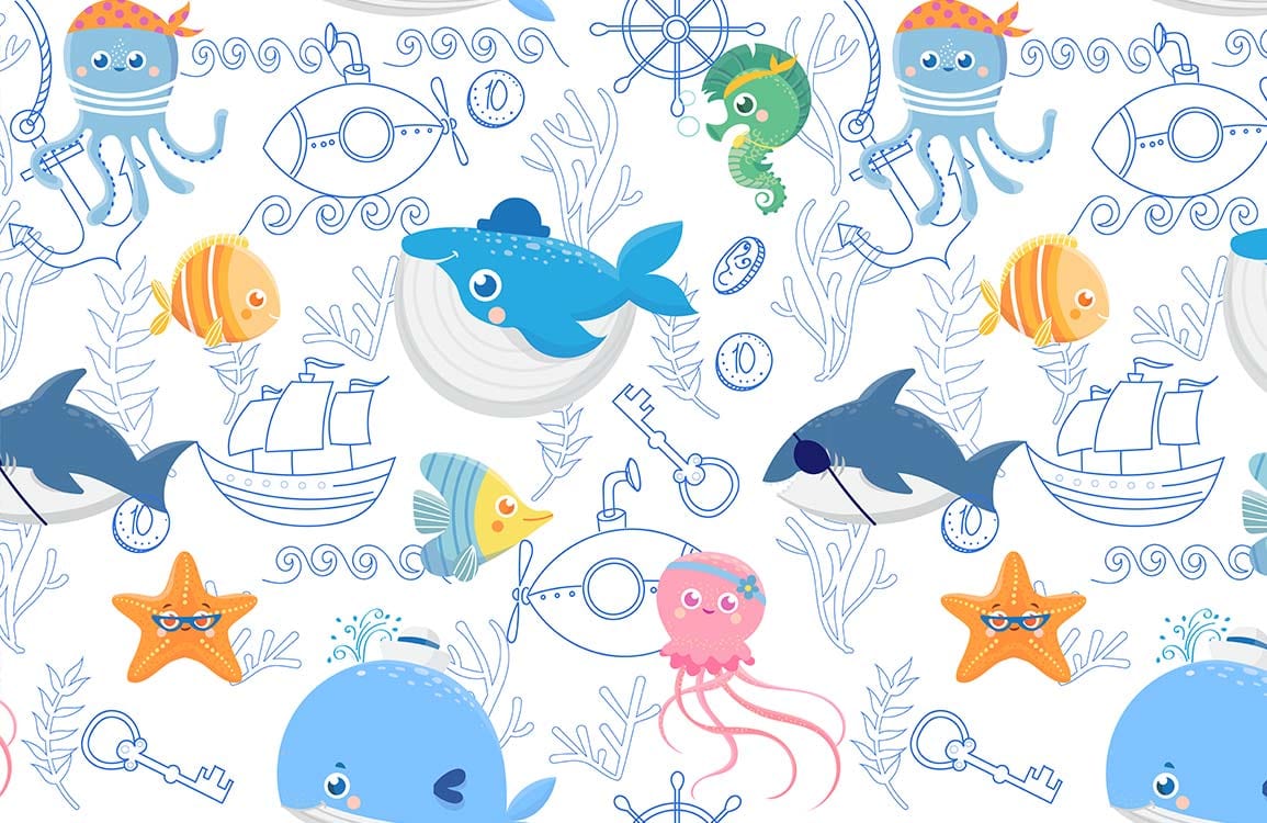 Playful Underwater Adventure Marine Life Kids Mural Wallpaper in Blue.