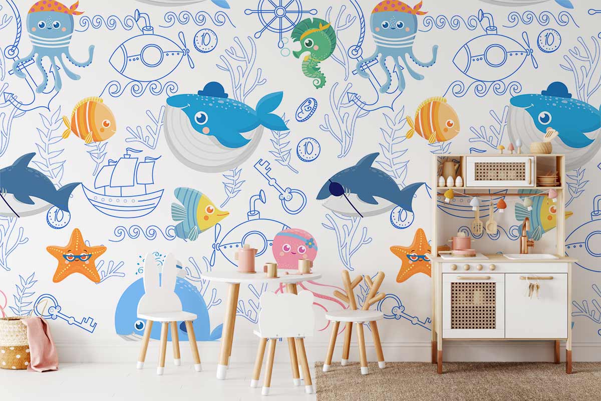 Marine-themed kids' room with blue underwater mural wallpaper, playful furniture, white flooring, wooden accents.