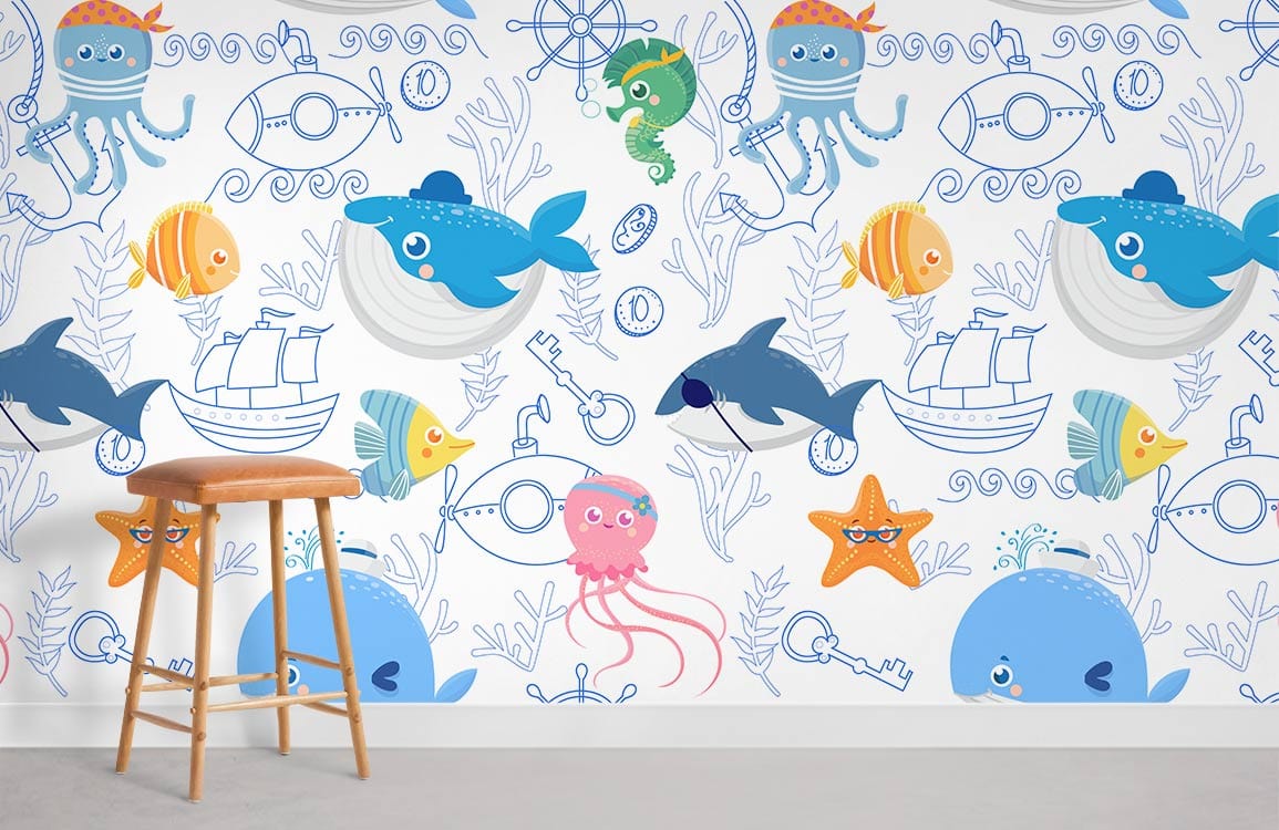 Playful marine life kids mural wallpaper in blue with stool, grey flooring, and nautical-themed design.
