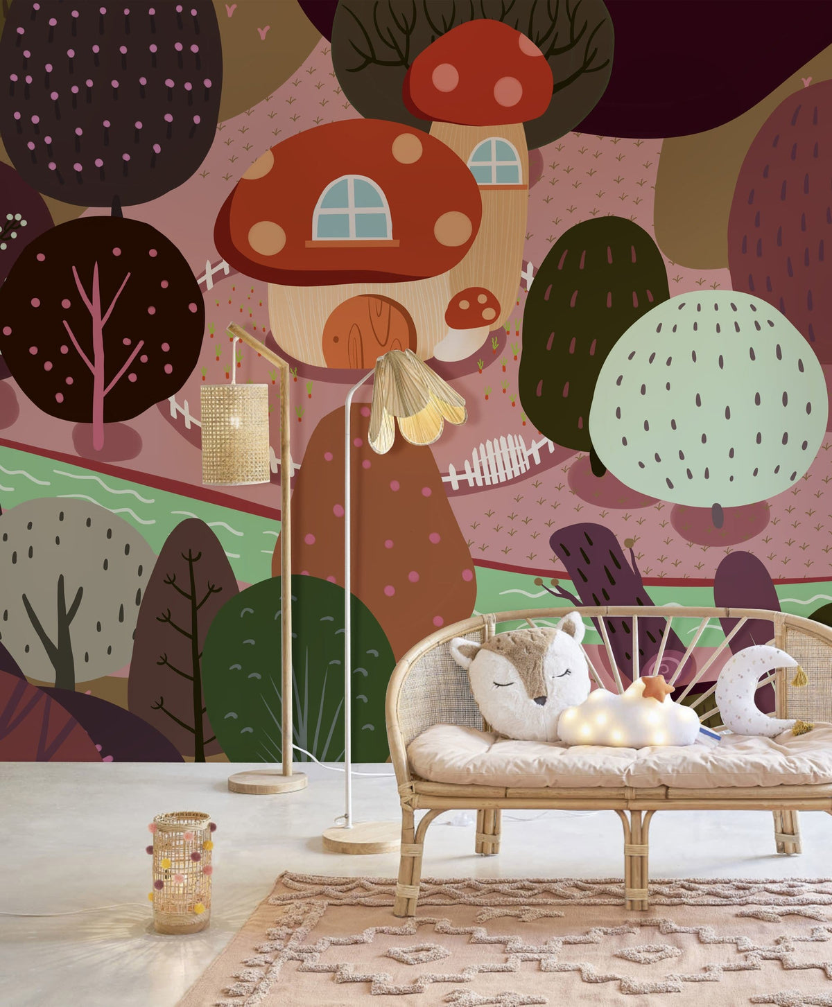 Whimsical Mushroom Woodland Fantasy Wallpaper in living room with wicker sofa, beige rug, neutral flooring.