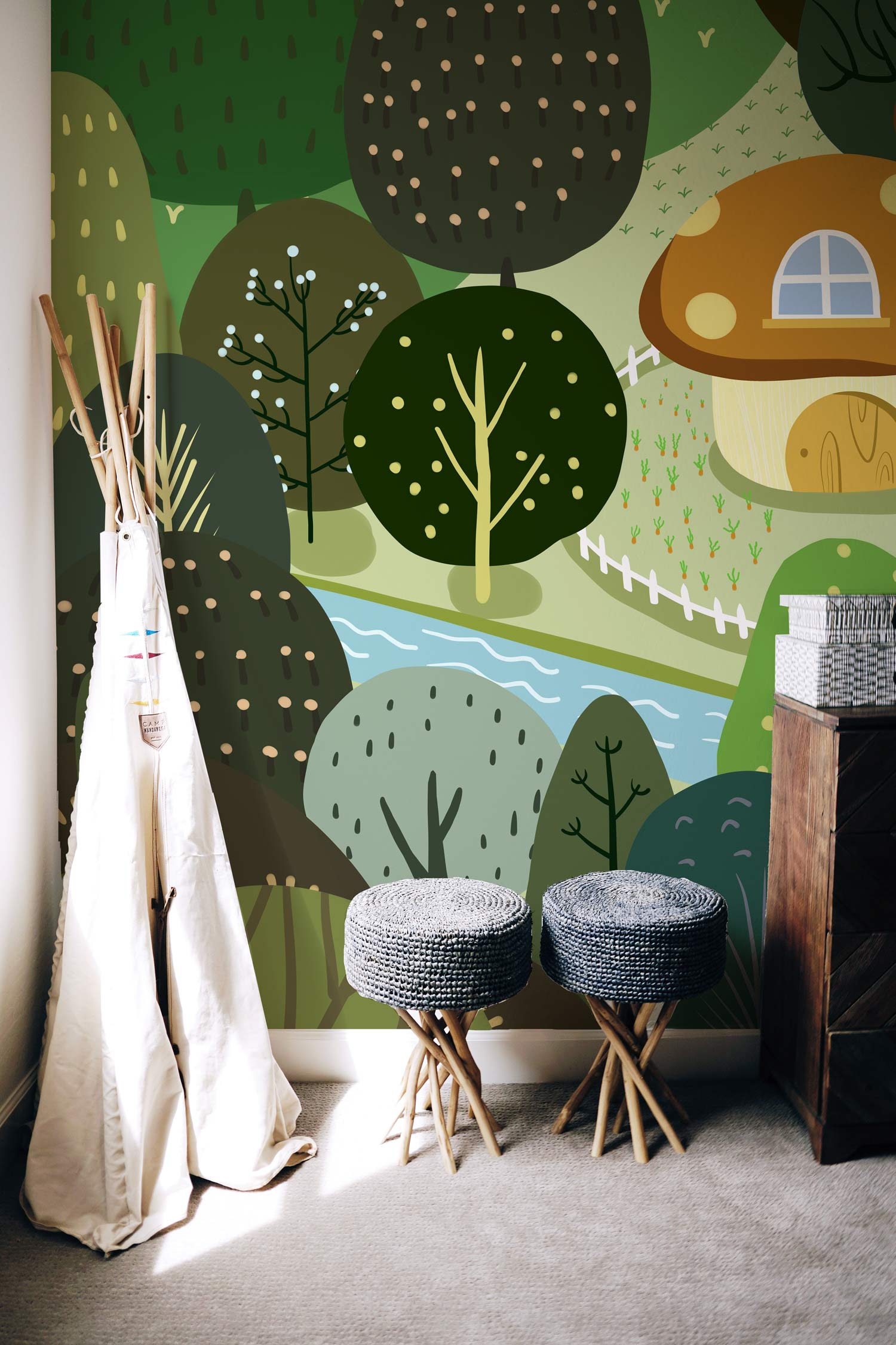 Whimsical Mushroom Cottage Forest Scene Wallpaper Mural in Earthy Greens
