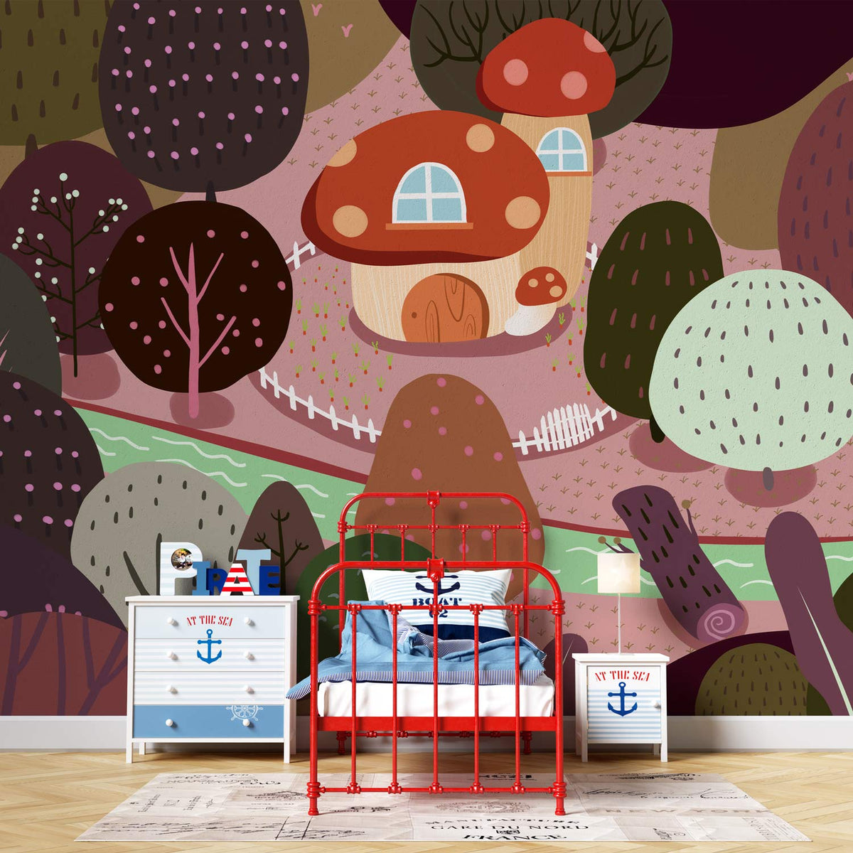 Whimsical Mushroom Woodland Fantasy Wallpaper in child's bedroom with red bed, nautical-themed furniture, wooden flooring.