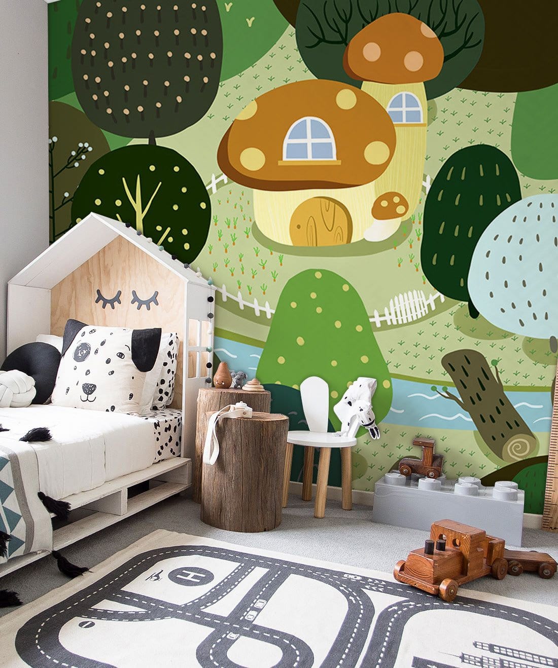 Children's room with Whimsical Mushroom Cottage wallpaper, wooden bed, toy car, and grey concrete flooring.