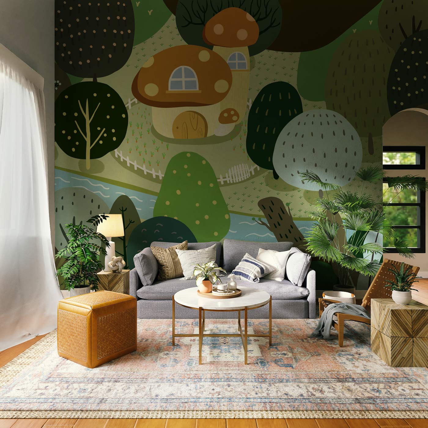 Whimsical Mushroom Cottage Forest Scene Wallpaper Mural in Earthy Greens