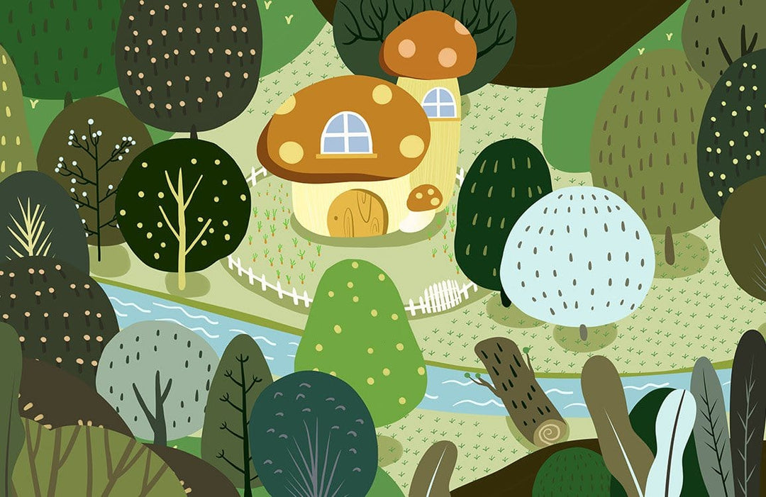 Whimsical Mushroom Cottage Forest Scene Wallpaper Mural in Earthy Greens