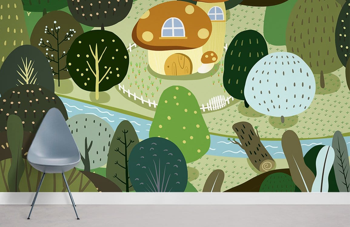 Whimsical Mushroom Cottage Forest Mural in earthy greens, grey modern chair, neutral flooring, wall decor.