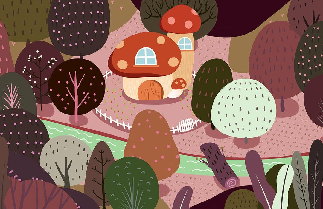 Whimsical Mushroom Woodland Fantasy Wallpaper with Earthy Tones and Playful Design