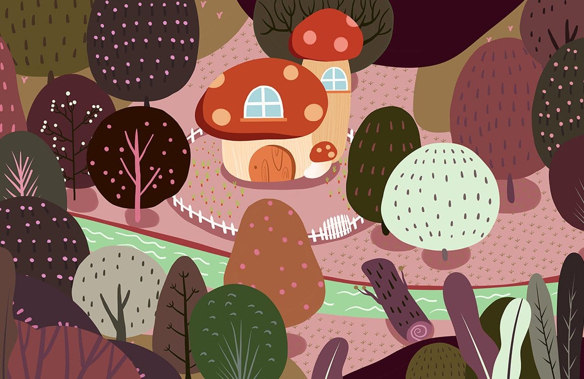 Whimsical Mushroom Woodland Fantasy Wallpaper with Earthy Tones and Playful Design