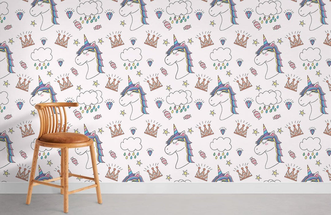 Whimsical Unicorn Doodles wallpaper, colourful fantasy mural, wooden chair, grey flooring in children's room.