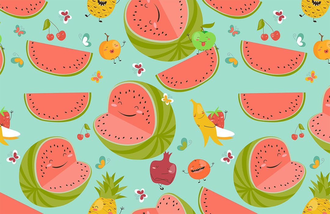 Playful Pastel Fruit Cartoon Pattern Wallpaper with Watermelon and Banana Motif