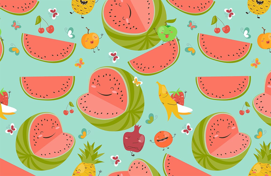 Playful Pastel Fruit Cartoon Pattern Wallpaper with Watermelon and Banana Motif