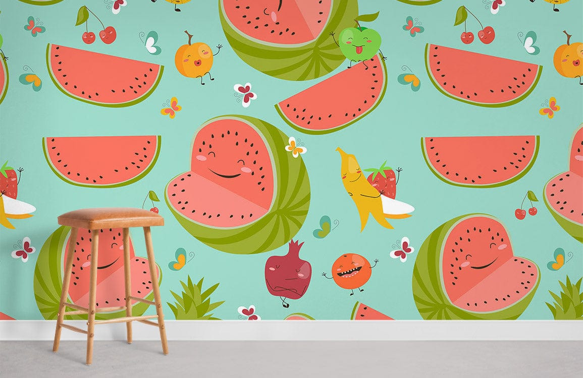 Playful pastel fruit cartoon wallpaper with watermelon, banana motif, wooden stool, light flooring, cheerful decor.