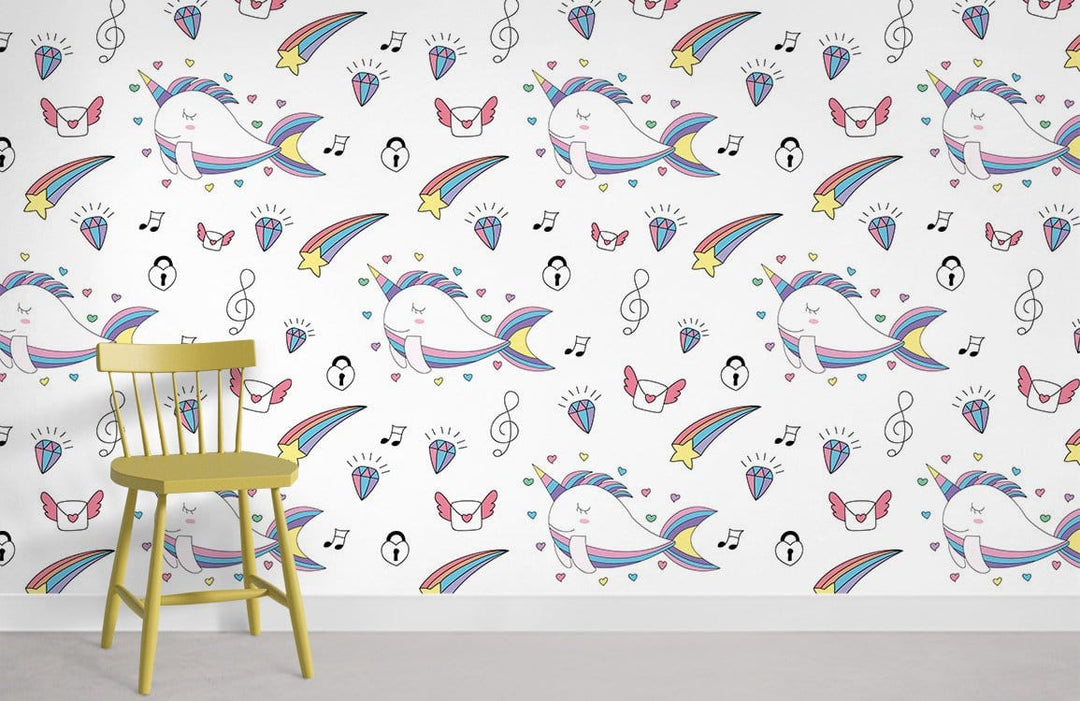 Whimsical Rainbow Narwhal wallpaper in child's room, featuring yellow chair, white walls, grey floor.