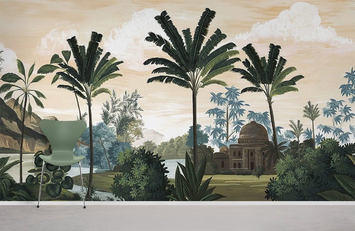 Tropical Vintage Palm Landscape Mural Wallpaper in Earthy Tones for Interiors