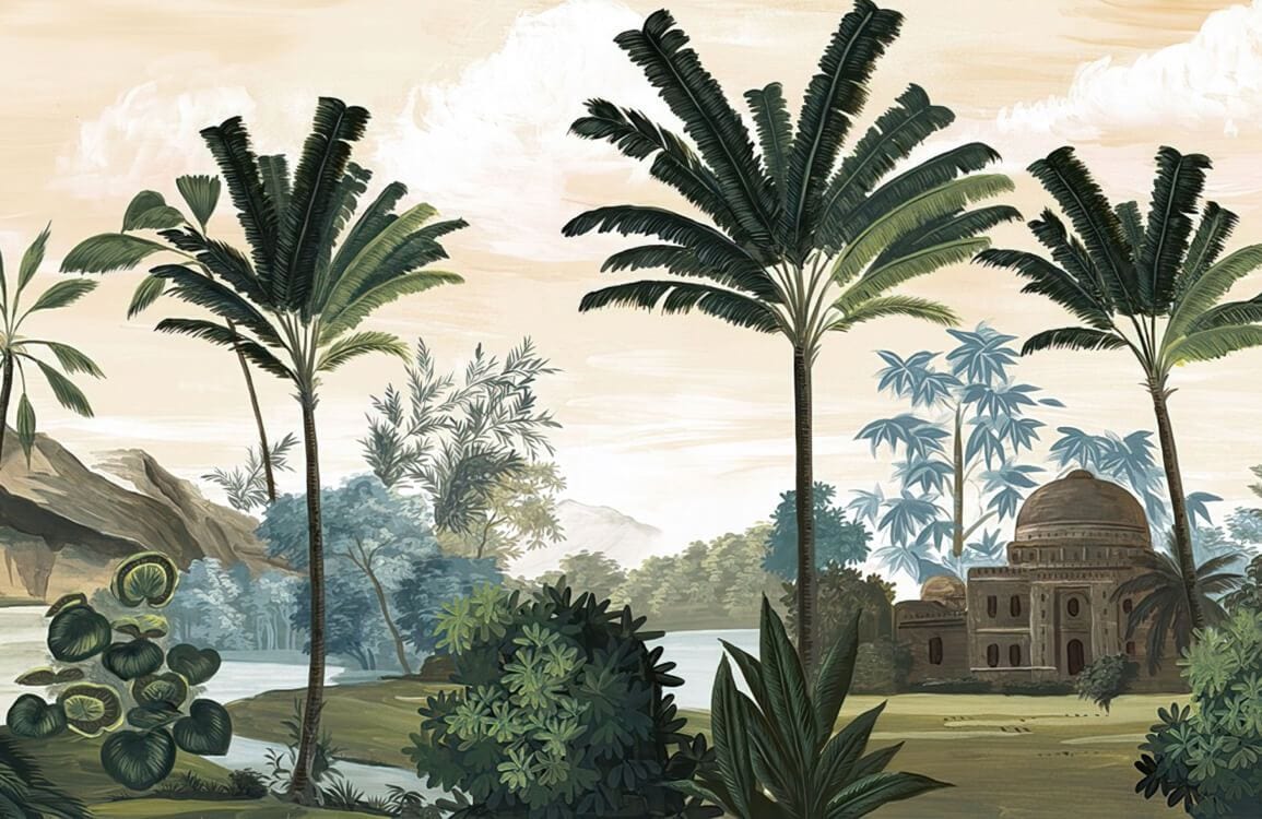 Tropical vintage palm landscape mural in earthy tones, perfect for interiors, capturing exotic scenery.