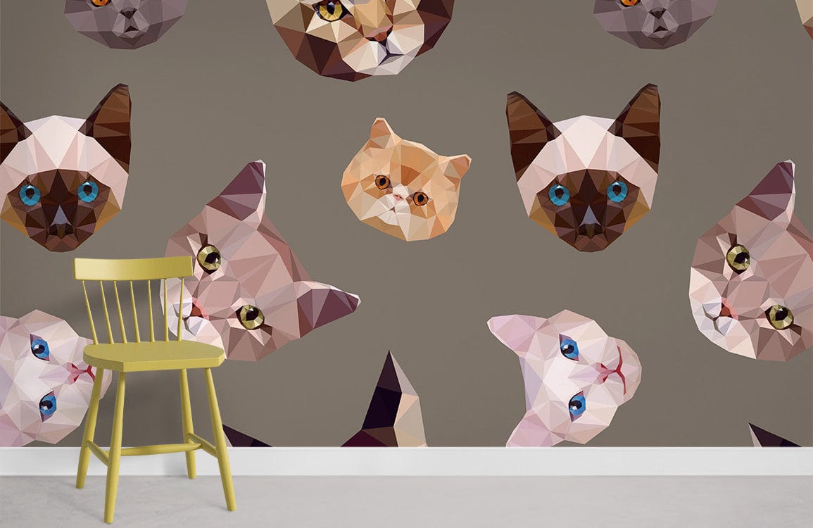 Geometric cat pattern mural wallpaper, brown tones, yellow chair, modern wall decor, neutral room design.