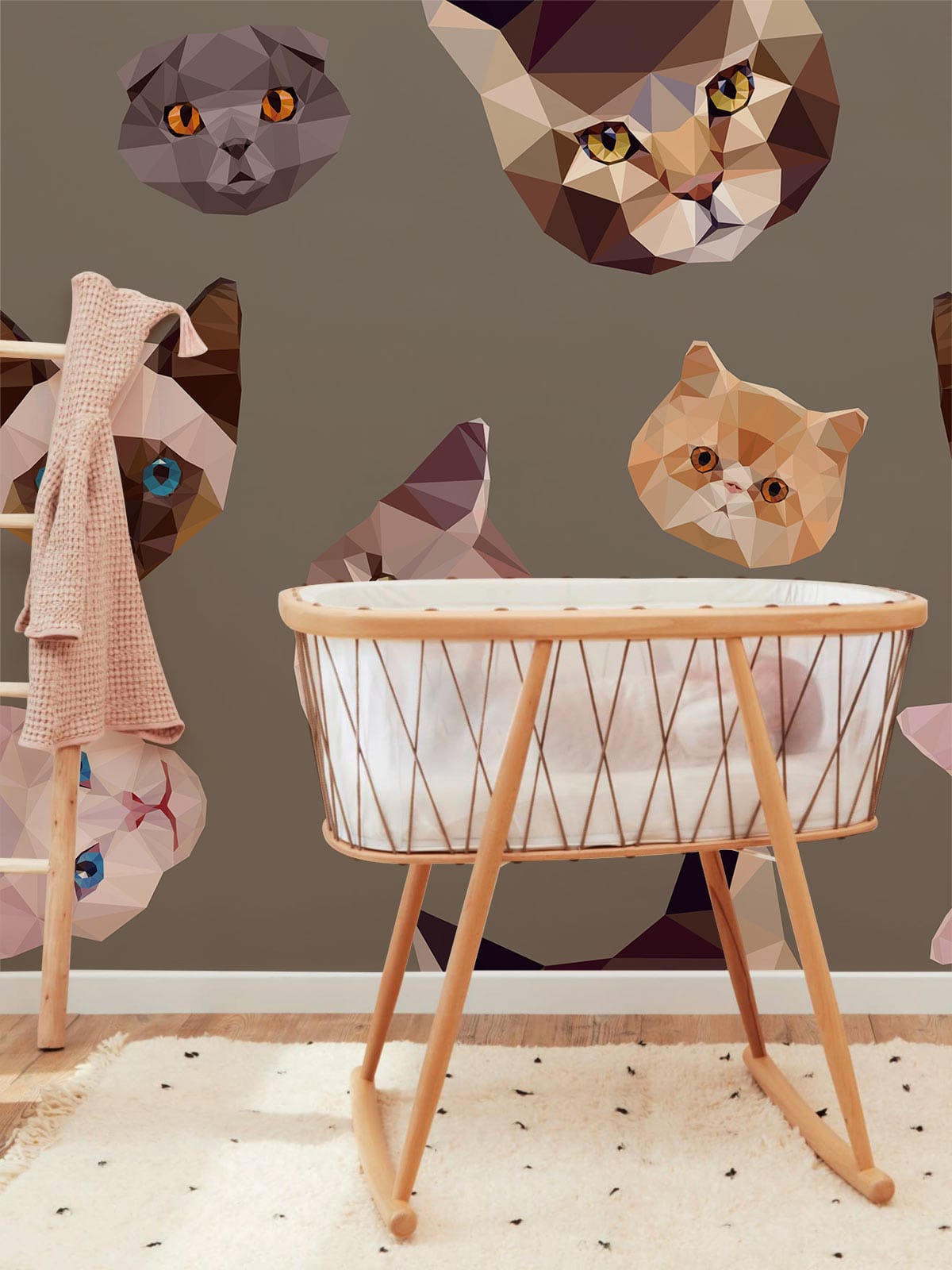 Geometric cat mural wallpaper with cradle, ladder, beige rug in nursery, modern brown tones.