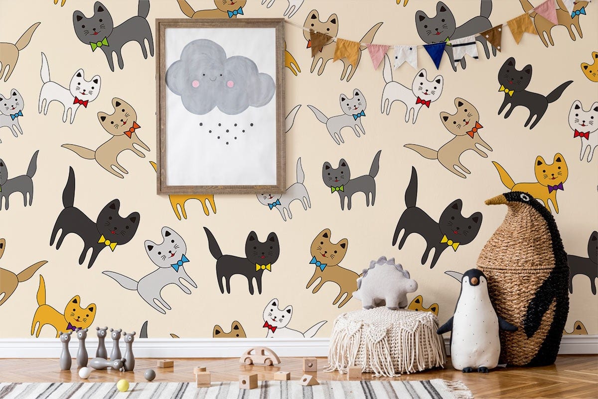 Charming cat-themed wallpaper in playroom, featuring a wooden floor, cosy decor, and playful penguin toy.