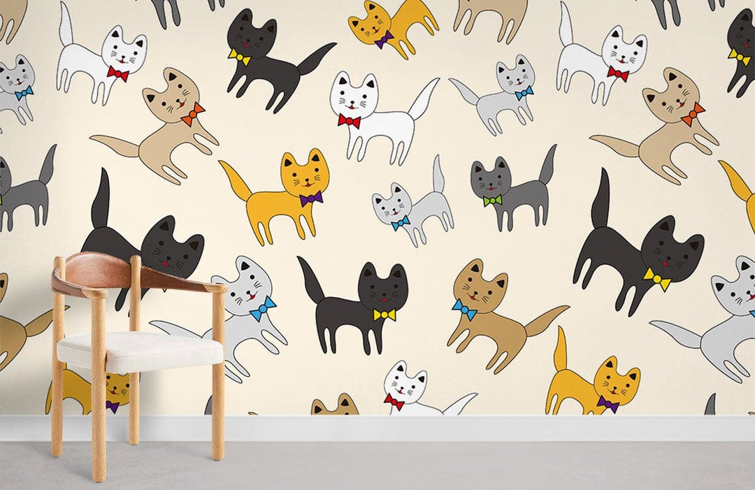 Charming Multicolour Bow Tie Cats Wallpaper in a playful room with modern wooden chair and grey floor.