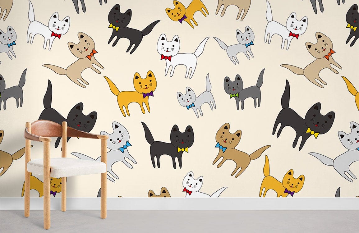 Charming Multicolour Bow Tie Cats Wallpaper in a playful room with modern wooden chair and grey floor.
