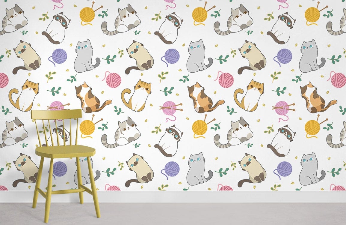 Playful pastel cat wallpaper, whimsical feline design in living room with yellow chair, grey flooring.