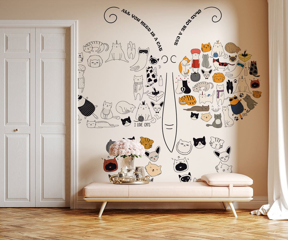 Whimsical cat butterfly mural wallpaper in kids' room with wooden flooring, beige bench, and cream walls.