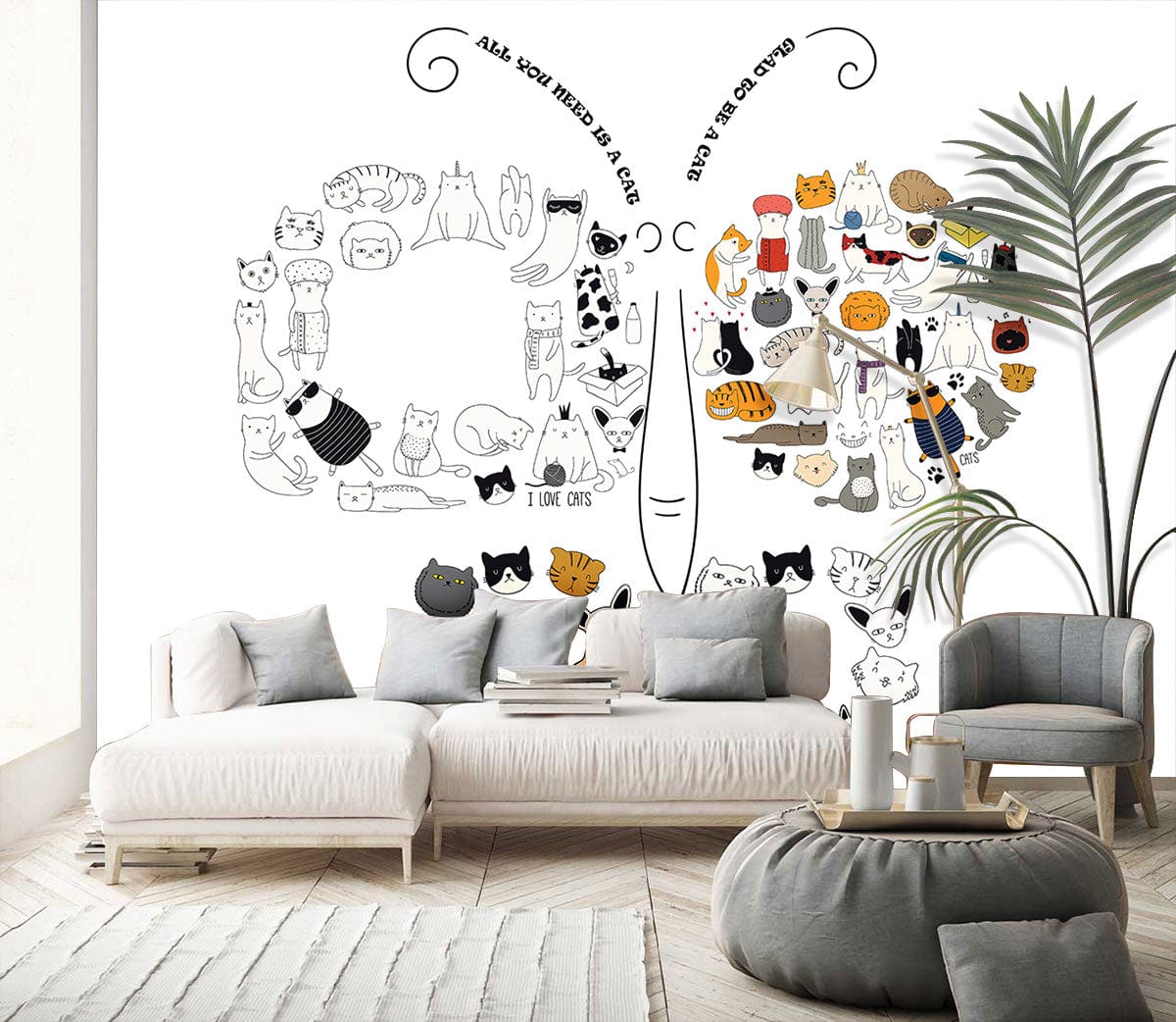 Whimsical Cat Butterfly mural wallpaper with grey sofa, white walls, wood flooring in kids' room.