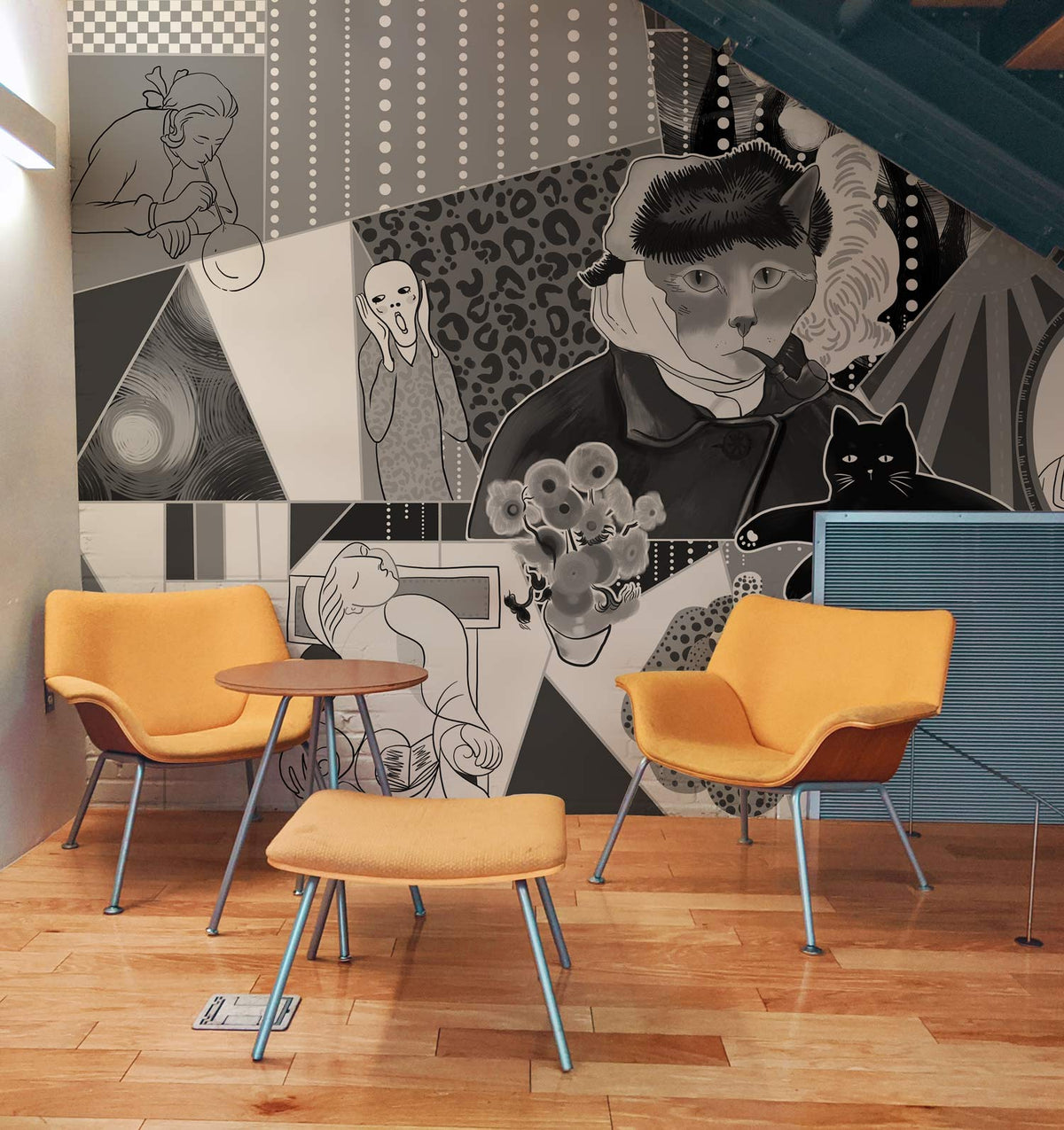 Abstract Monochrome Cat Geometric Mural Wallpaper in Art Deco Style, featuring yellow chairs on wooden flooring.
