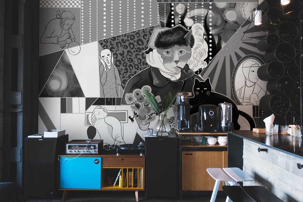 Abstract Monochrome Cat Themed Geometric Mural, Art Deco Style in modern kitchen with black cabinetry.