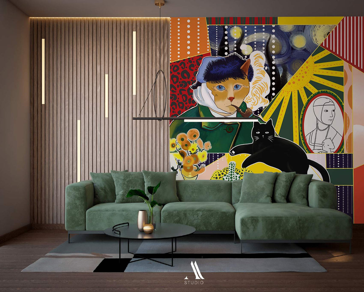 Eclectic Cat Art Patchwork Mural, colourful retro wallpaper with green sofa, wooden wall panels, modern lounge.