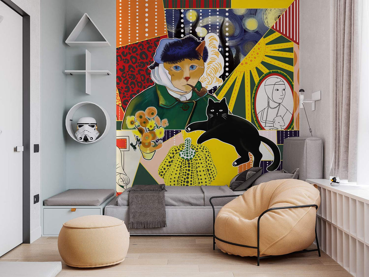 Eclectic Cat Art Patchwork Mural wallpaper with grey sofa, beige chair, light wood flooring in modern lounge.