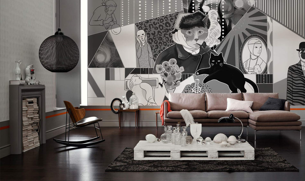 Abstract monochrome cat-themed geometric mural in Art Deco style, featuring brown sofa, dark wood flooring.