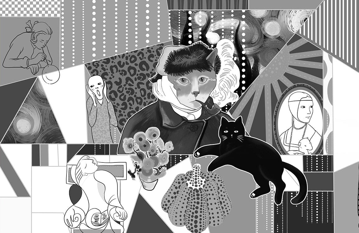 Abstract Monochrome Cat Themed Geometric Mural Wallpaper Art Deco Style