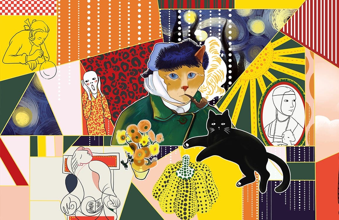 Eclectic Cat Art Patchwork Mural: Colourful Abstract Retro Design Wallpaper