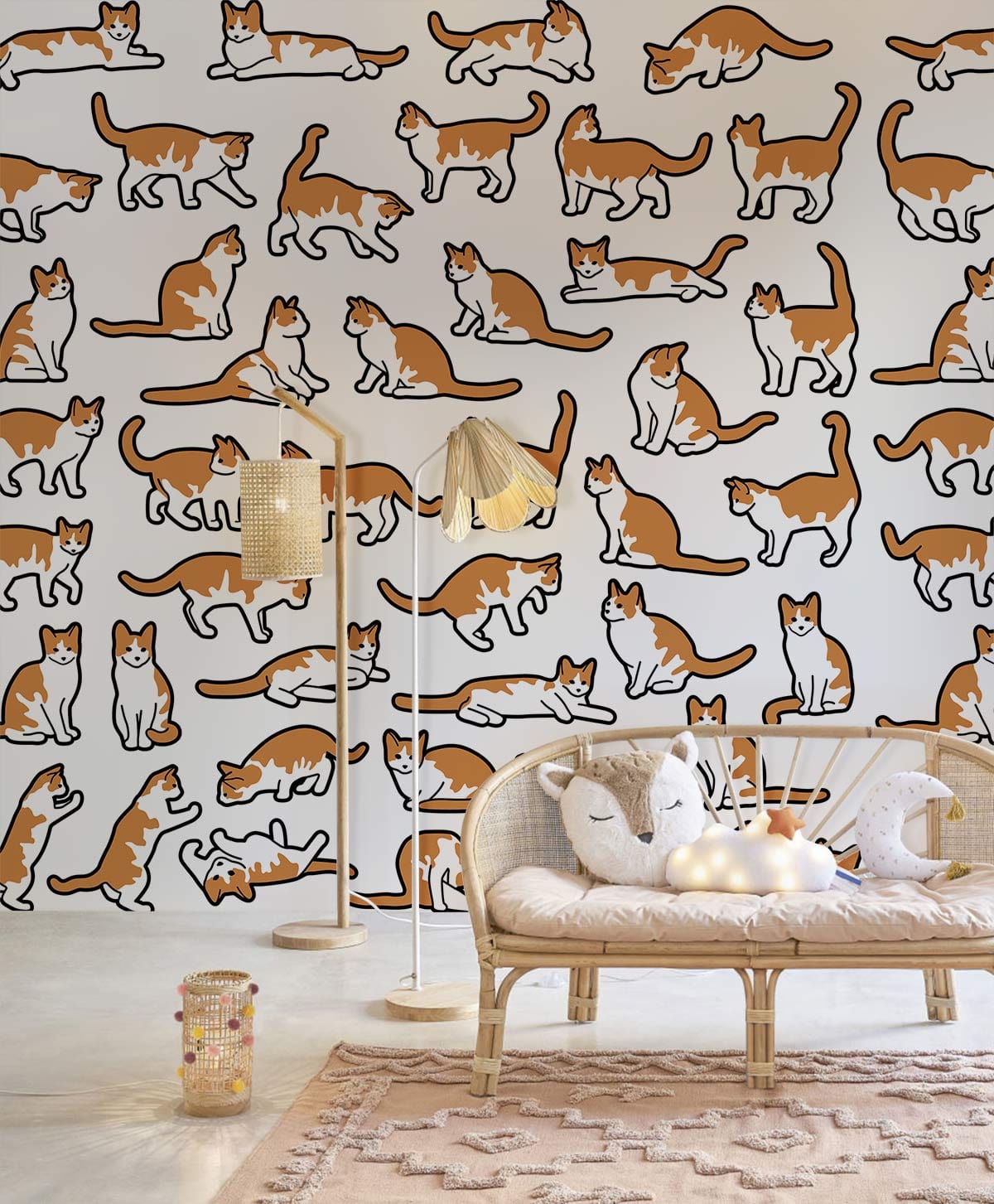 Playful ginger cat pattern wallpaper, white background, rattan sofa, boho style, whimsical nursery decor.