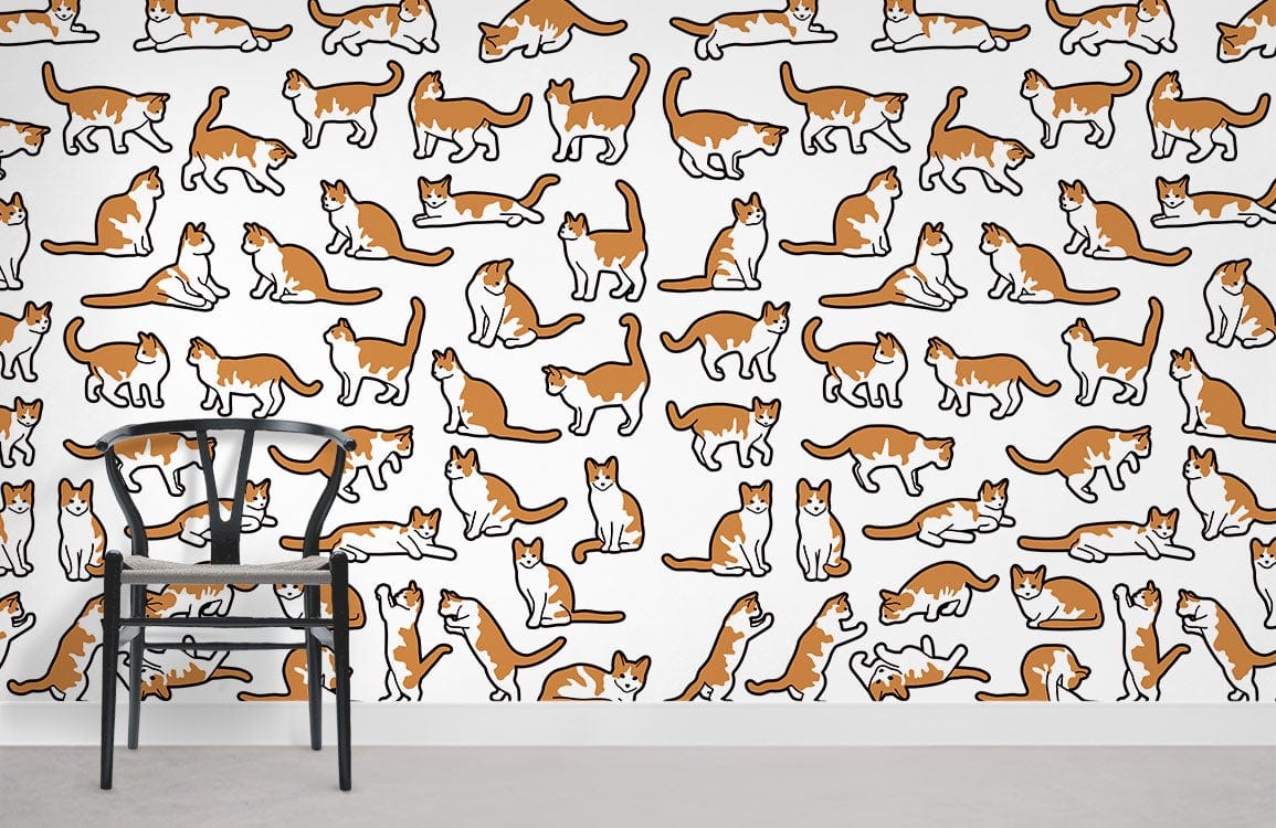 Playful ginger cat wallpaper with classic white background, featuring black modern chair and grey flooring.